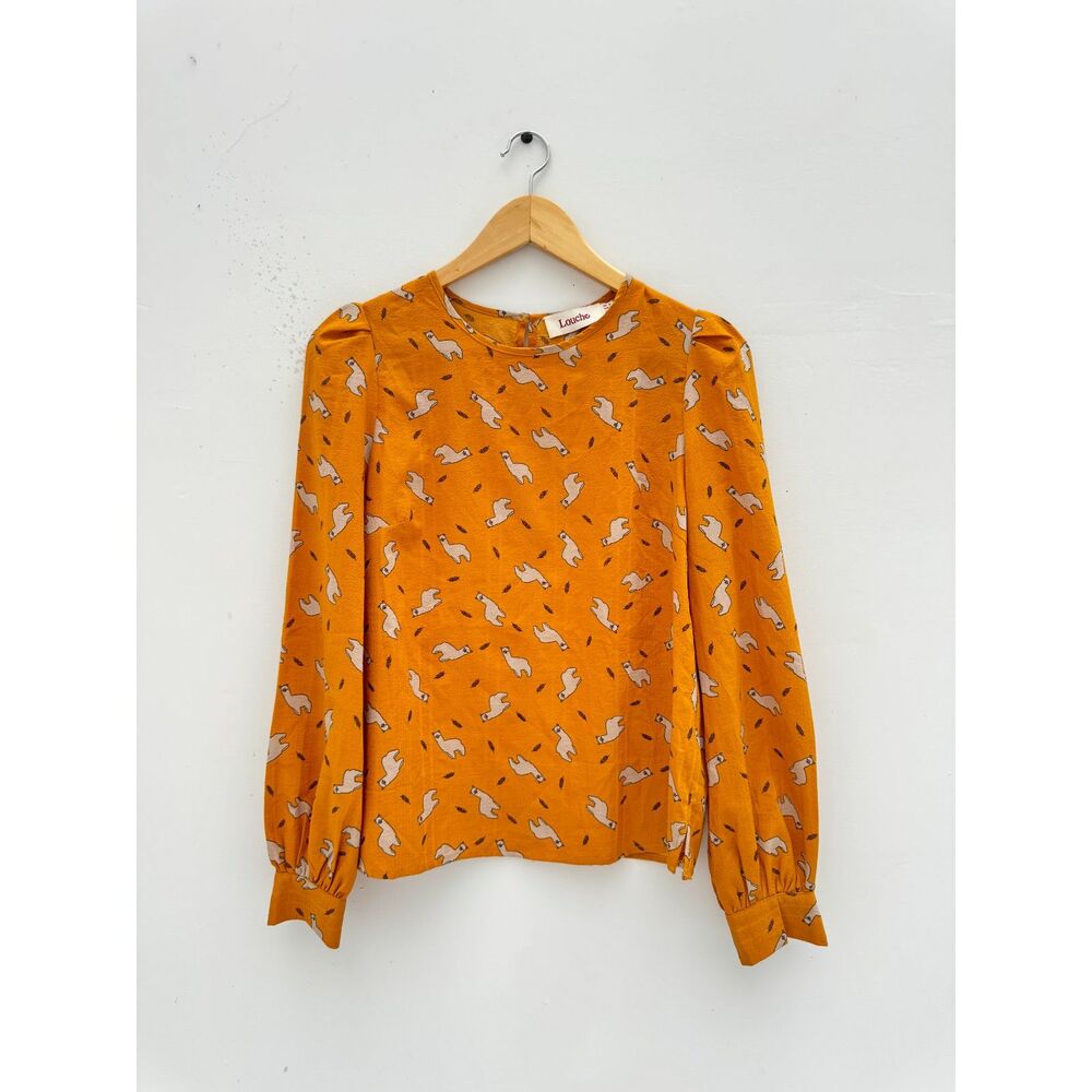 Louche Mustard Yellow Llama Print Puff Sleeve Blouse Size US 4
